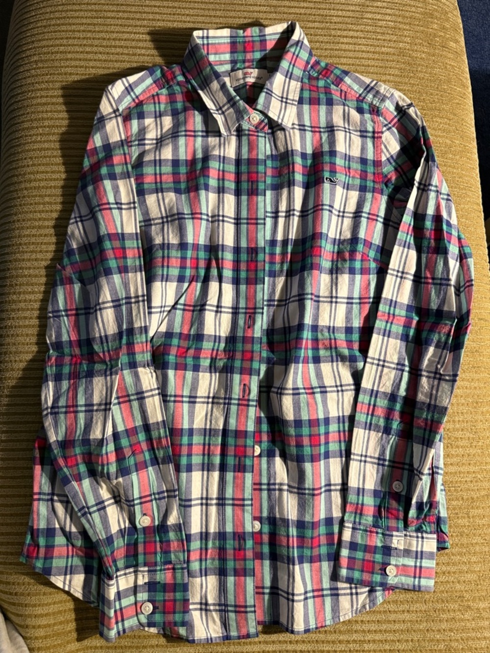 Vineyard Vines Wimen’s White Plaid Button-Down Shirt with Pink & Blue